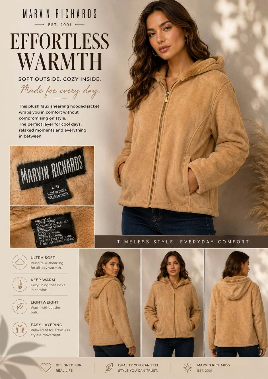 vintage Marvin Richards Plush Faux Shearling Zip-Up Hooded Jacket